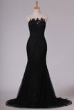 2024 Black Evening Dresses Scoop Tulle With Applique Sweep Train PFGCDS9G