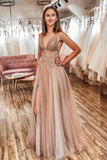 A Line Tulle V Neck Applqiues Prom Dresses With Slit, Spaghetti Straps Long Formal Dresses STI15037