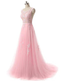 Pretty tulle lace round neck A-line open back long prom