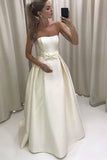 Cute Elegant Strapless Long A-Line Ivory Satin Prom Dresses PZT3TZCY