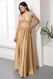 Simple Champagne Prom Dress V Neck Split Front Evening Dress