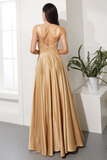 Simple Champagne Prom Dress V Neck Split Front Evening Dress