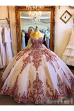 Champagne Tulle Rosewood Appliques Sweet Heart Neckline Ball Gown Quinceanera Dresses Prom STIPCTTJKBL