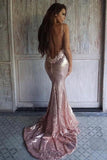 Sexy Rose Gold Sequins Mermaid Long Prom Dresses Spaghetti Straps Backless Party Dresses STI15349