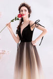 Spaghetti Straps Black Deep V Neck Formal Dress, Floor Length Tulle Ombre Prom Dresses STI15409