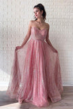 A Line Pink Sequins Strapless Sweetheart Prom Dresses, Sleeveless Party Dresses STI15014