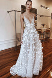 A-Line Floral Applied Long Wedding Dress With Illusion PF3PAKH9