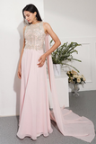 Gorgeous V Neck Pink Tulle Long Prom Evening Dresses With Appliques