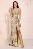 Bling Mermaid Spaghetti Straps Champagne Lace Long Prom Evening Dress With Split Front