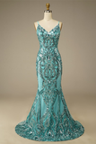 Glitter Mermaid Cyan V Neck Prom Dress