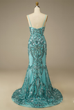 Glitter Mermaid Cyan V Neck Prom Dress