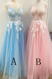 New Spaghetti Strap Floor Length A Line Tulle Prom Dress With Appliques Formal STIP3CZ9RMF