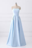 Charming Strapless Light Blue Lace Up Open Back Long Prom Dresses PJ43QE45