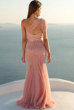 Charming Mermaid One Shoulder Tulle With Beads and Sash Prom STI15630