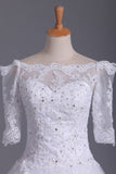 2024 Mid-Length Sleeves Boat Neck Wedding Dresses A Line Tulle With Applique And PXYA5QZT