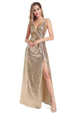 A Line Spaghetti Straps Sequins V Neck Backless Prom Dresses with Side Slit Formal Dress STI15030