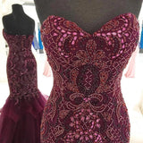 Strapless Sweetheart Long Tulle Mermaid Beads Prom Dresses, Maroon Formal Dresses STI15433