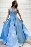 Flowy A-line V Neck Lace Long Prom Dresses Blue Satin Open Back Evening Party Dresses STI15229