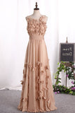 2024 Prom Dresses Scoop A Line With Handmade Flower And Ruffles PR3XSMEC