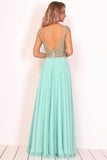 2024 Open Back V Neck Beaded Bodice Prom Dresses A Line Chiffon PAEP4SZ1