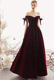 Charming A Line Long Off the Shoulder Burgundy V Neck Prom Dresses with Sweetheart STI15089