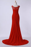 2024 Prom Dresses Off The Shoulder Pleated Bodice Sheath/Column Beaded Court PASYMGMK