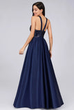 Cold Shoulder Sequin Navy Blue Prom Dresses Backless Satin Long Evening Dresses STI15132