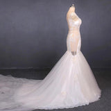 Charming Mermaid Tulle V-neck Wedding Dress, Sheer Back Long Bridal Dresses STI15112