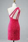 Glitter One-Shoulder Hot Pink Homecoming Dress With Sequins