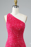 Glitter One-Shoulder Hot Pink Homecoming Dress With Sequins