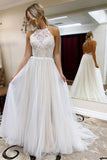 A Line Halter Tulle Wedding Dress with Top Lace, Backless Beach Wedding Dresses STI15547