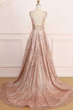 A Line Deep V Neck Long Prom Dress With Sequins Glitter Sleeveless PNC5XC4K