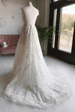 Elegant A-line V-neck Long Prom Dresses Appliques Backless Wedding Dresses STI15154