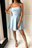 A-Line Spaghetti Straps Short Blue Satin Homecoming Dress