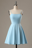 A-Line Spaghetti Straps Short Blue Satin Homecoming Dress