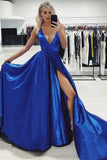 Spaghetti Straps Royal Blue V Neck Satin Prom Dresses with High Slit, A Line Formal Dresses STI15419