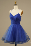 Royal Blue Mesh Net V-neck Homecoming Party Dress