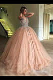 Beaded Tulle Deep Illusion V Neck Ball Gown Prom Dress PD2GRFSC