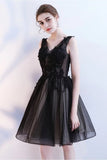 A Line V Neck Black Homecoming Dresses Short PSQ7QK77