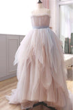 Vintage A Line Spaghetti Straps Blush Prom Dresses Puffy Ruffles PJKPRXC4