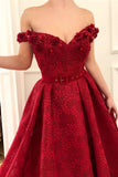 Charming Red Lace Off the Shoulder Prom Dresses, V Neck Handmade Flowers Party Dresses STI15121