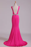 2024 Prom Dresses Open Back Column V Neck Beaded Waistline Sweep PDNHAFHJ