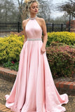 Elegant Charming Long Open Back Beading A-Line Pink Prom Dresses PPE8NXT3