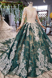 Green Long Sleeves Ball Gown Lace Prom Dress With Appliques Long PN4CDXE6