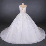 Princess Ball Gown Sheer Neck White Wedding Dresses Lace Appliqued Bridal Dresses STI15293