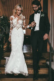 See Through Long Sleeve Mermaid Wedding Dresses Lace Applique P9SZGA2Y