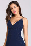 Sexy V Neck Long Spaghetti Straps Mermaid Navy Blue Prom Dresses with High Split STI15366