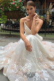 Tulle V Neck Embroidery Long Spaghetti Straps Wedding Dresses, Bridal Dresses STI15444