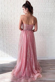 A Line Pink Sequins Strapless Sweetheart Prom Dresses, Sleeveless Party Dresses STI15014