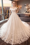 Gorgeous Off The Shoulder Lace Cathedral Train Wedding Dresses Princess Bridal STIPT58L82L